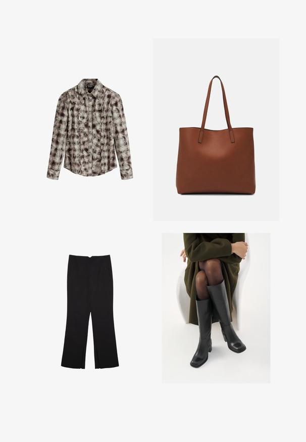 Desigual CHECK TEXTURE - Camicia - brown; Pantaloni neri a gamba dritta, con tasche frontali e spacchi laterali all'orlo. Realizzati in tessuto morbido e liscio. Adatti a diverse occasioni.; Stivali neri in pelle alti fino al ginocchio con punta squadrata e tacco a blocco, mostrati con un modello seduto in un cappotto verde oliva. Texture liscia, dettagli minimi.; Borsa tote in pelle marrone con texture liscia, design con apertura superiore e due spallacci. Presenta cuciture minime e nessun hardware visibile.