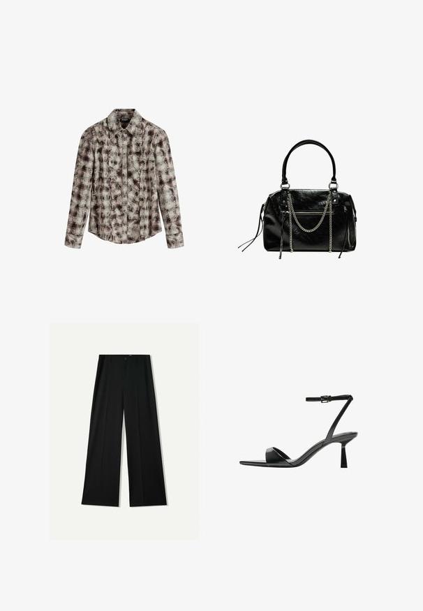 Desigual CHECK TEXTURE - Overhemdblouse - brown; Bershka WIDE - Broek - black; Bershka Sandalen met hoge hak - black; Bershka WITH CHAIN - Handtas - black