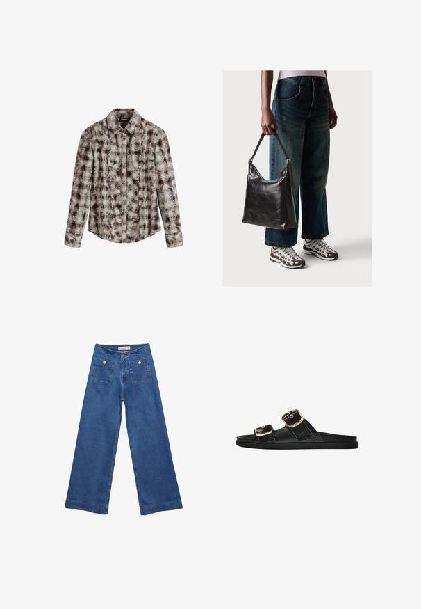 Desigual CHECK TEXTURE - Hemdbluse - brown; Denim-Hosen im weiten Schnitt mit einer mittleren blauen Waschung, zwei Vordertaschen mit Knopfverschluss und genähten Details entlang der Säume.; Schwarze Riemensandale mit zwei goldenen Schnallendetails, glattem Material, flachem Sohlen und minimalistischer Gestaltung.; Schwarze Leder-Schultertasche mit glatter Textur und verstellbarem Riemen, kombiniert mit ausgewaschenen weit geschnittenen Jeans und sportlichen Sneakern.