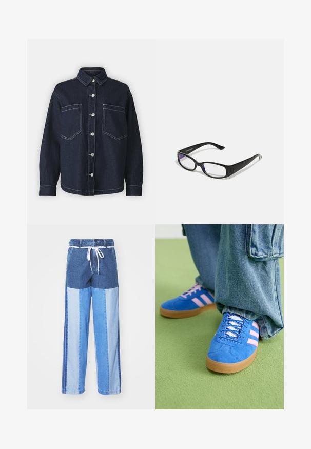 Tamno plava traper jakna s ovratnikom, srebrnim gumbima, dva džepa na prsima i kontrastnim bijelim šavovima. Labav kroj i dugi rukavi.; Plave traperice s patchwork dizajnom različitih nijansi plave, trakom za podešavanje u struku i širokim, ravnim nogavicama.; Plave zamšne cipele s ružičastim prugama i bijelim vezicama, s gumenim potplatom, u kombinaciji s širokim trapericama na zelenoj podlozi.; Crne pravokutne naočale s prozirnim lećama. Sjajni finiš, uske krakove i ljubičastu nijansu vidljivu na rubovima leća.