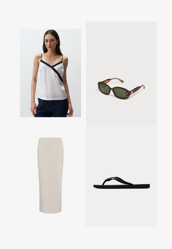 White linen tank top with navy blue diagonal detailing, thin straps, and a relaxed fit. Suitable for casual wear.; White tank top with a square neckline, made from smooth fabric, paired with high-waisted blue denim jeans. Simple design, minimal detailing.; Beige, knee-length skirt made of soft, stretchy fabric. Features a simple elastic waistband and a straight silhouette with no visible patterns.; Black rubber flip-flop sandal with a textured thong strap and simple flat sole, shown from side on a plain light background.; Tortoiseshell sunglasses with green lenses, oval shape, featuring gold logo hardware on the side and smooth glossy finish.; White textured handbag with a black trim, featuring a gold chain strap, a detachable shoulder strap, and a triangular logo accent.; White freshwater pearl necklace with irregular shapes, linked with gold hardware and a delicate adjustable chain for length customization.
