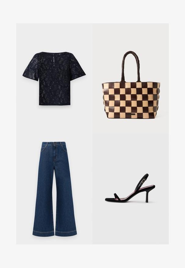 Tengerés lakk felső rövid ujjakkal, kerek nyakkivágással és hátul gombos záródással. Bonyolult paisley minta egész terjedelmében.; Magas derekú, széles lábú kék farmernadrág, gombos záródással, övhurkokkal és diszkrét varrási részletekkel a zsebeknél és a szegélyeknél.; Fekete velúr női magassarkú szandál slim pántokkal és arany csattal, fehér háttér előtt, oldalnézetben.; Barna és bézs bőr bevásárlótáska szőtt sakktábla mintával, csavarott fogantyúkkal, fehér háttéren.