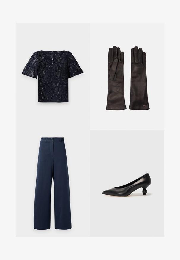 Námořnická krajková blůza s krátkými rukávy, kulatým výstřihem a knoflíkovým uzávěrem na zádech. Nádherný detailní vzor paisley po celém povrchu.; Námořnické široké kalhoty vyrobené z hladké tkaniny, s vysokým pasem, dvěma předními knoflíky, dvěma bočními kapsami a rovnými lemy.; Černá kožená vysoká bota na podpatku s špičatou špičkou a kulatým, zaobleným podpatkem. Hladká textura s elegantním, minimalistickým designem.; Weekend Max Mara SENAPE - Rukavice - nero