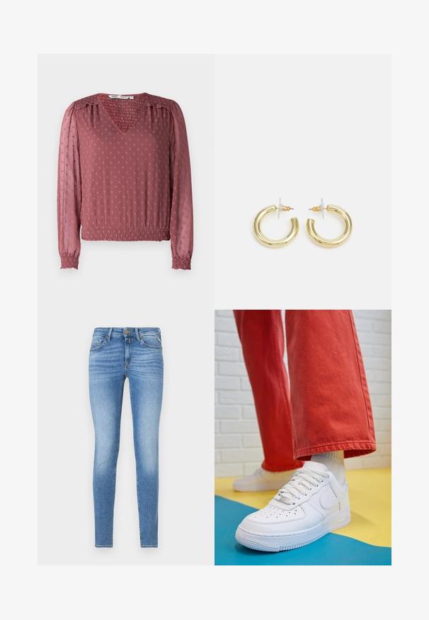 Bluzka z dekoltem w serek w kolorze przykurzonego różu, z fakturowanej tkaniny, z marszczonymi mankietami, elastyczną talią oraz wypukłym wzorem kropek na powierzchni.; Slim-fit jasnoniebieskie dżinsy z średnim stanem, z przodem na guzik i pięcioma kieszeniami.; Białe skórzane sneakersy z perforowanym czubkiem, teksturowaną podeszwą i białymi sznurowadłami, w połączeniu z szerokimi czerwonymi spodniami na niebiesko-żółtym tle.; Złote kolczyki w kształcie kółek o gładkim, błyszczącym wykończeniu. Okrągły design z małym klipsem i przezroczystym zapięciem zapewniającym bezpieczne noszenie.