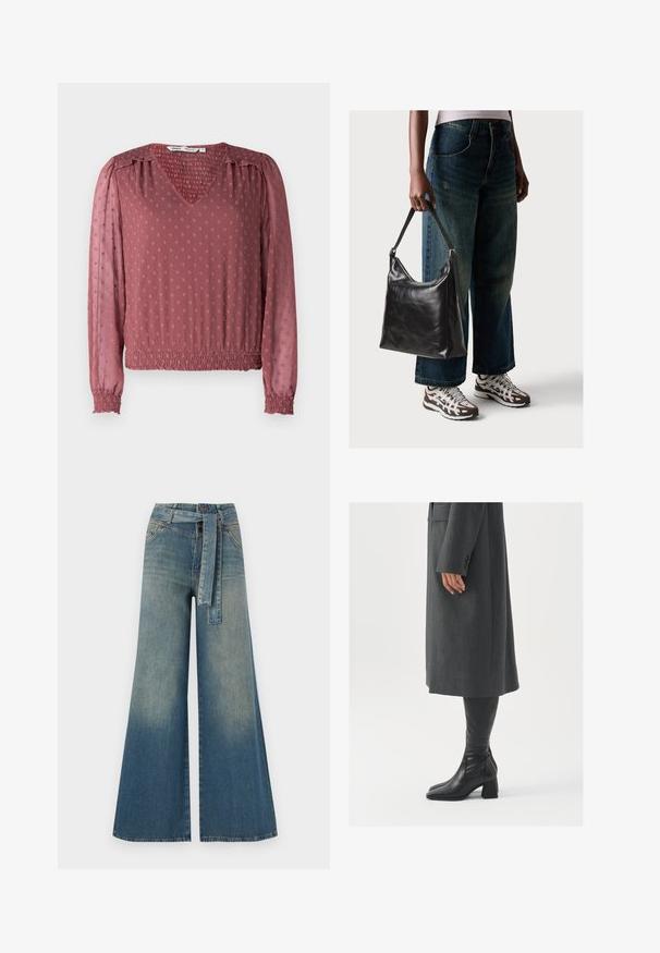 V-pääntiebluusika, joka on pölyruusunvärinen ja jossa on teksturoitu kangas. Rannekkeissa on smokkisaumat, vyötäröllä joustava vyö ja pinnassa kohotettua pistekuviota.; Yksiväriset farkut leveällä lahkeella, joissa on vaaleasta tummansiniseen häipyvä väri, korkea vyötärö, vyölenkit ja yhteensopiva kangasvyö. Rakennefarkkujen pinta.; Harmaa, muotoiltu pitkätakki suoran leikkauksen kanssa; yhdistetty polven yli yltäviin mustiin nahkasaappaisiin, joissa on neliön muotoinen kärki ja paksu kanta.; Musta nahkainen olkalaukku, jossa on sileä pinta ja säädettävä hihna, yhdistettynä haalistuneisiin leveälahkeisiin farkkuihin ja urheilukenkien kanssa.