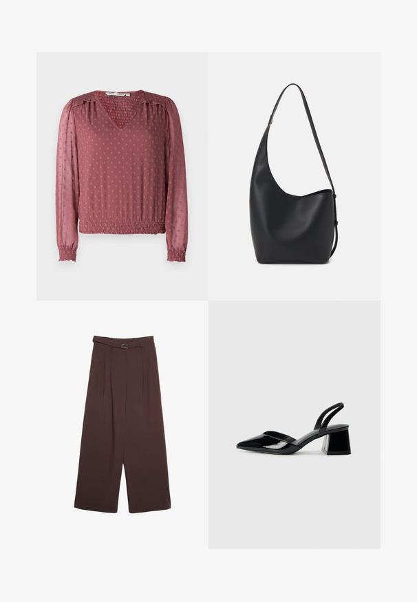Blúzka s véčkovým výstrihom v jemne ružovej farbe s textúrovanou tkaninou, s nariasenými manžetami, elastickým pásom a povrchom s vyrazeným bodkovaným vzorom.; Stradivarius WIDE-LEG WITH BUCKLE DETAIL - Nohavice - dark brown; Čierne lakované kožené sandálové podpätky s špicatou špičkou a geometrickým blokovým podpätkom. Disponujú elegantným, minimalistickým dizajnom a hladkým povrchom.; Čierna kožená hobo taška so hladkou textúrou, zakriveným tvarom a jedným nastaviteľným popruhom; má široké otvorenie na vrchu.