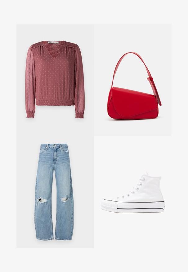 V-neck blouse in dusty rose with textured fabric, featuring smocked cuffs, elastic waistband, and raised dot pattern across the surface.; Light blue, high-waisted jeans made of denim. Feature wide legs, two torn knee areas, and classic five-pocket styling.; White high-top canvas sneaker with black rubber sole, front rubber toe cap, and six eyelets for laces, featuring a clean, minimalist design.; Red leather handbag with an angular, geometric design. Features a single adjustable strap and a flap closure with stitched detailing.