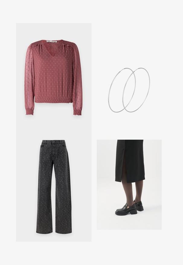 V-halsbluse i støvet rose med struktureret stof, der har smockede manchetter, elastisk talje og hævede prikker over overfladen.; Noisy May NMJANNEL LOOSE - Jeans Relaxed Fit - black denim; Sorte lædersko med rund tå, kraftig blokhæl og elastiske sideaccentuer, parret med mørke strømpebukser og en sort nederdel med slids.; Sølvøreringe med et minimalistisk design. Cirkulær form, glat tekstur og tynd profil. Letvægtige med en poleret overflade.