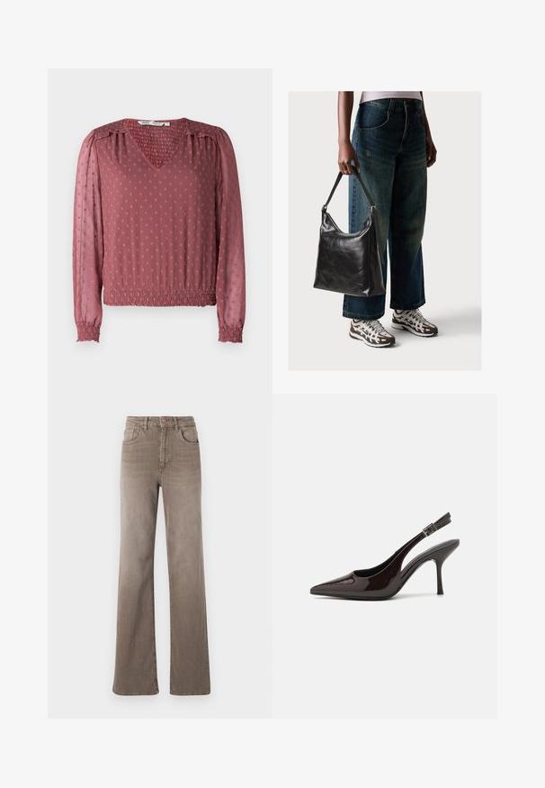 V-halsbluse i støvet rose med struktureret stof, der har smockede manchetter, elastisk talje og hævede prikker over overfladen.; Brune højtaljede straight-leg jeans med frontknap, bælteløkker og klassisk fem-lomme design på en hvid baggrund.; Slingback højhælet sko i glat mørkebrun patenteret læder, spids tå, åbne sider og justerbar ankelrem.; Sort læder skuldertaske med en glat tekstur og justerbar skulderrem, parret med faded brede bukser og atletiske sneakers.
