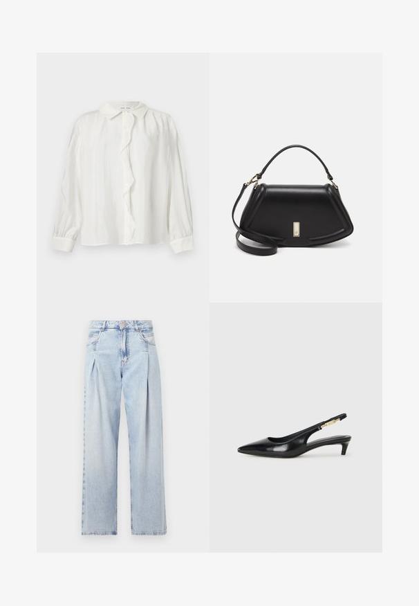 Camicia bianca con bottoni, volant sul davanti, maniche lunghe e colletto classico. Tessuto strutturato con sottili righe verticali.; Jeans in denim azzurro chiaro con vita alta, taglio a gamba larga, due tasche laterali e design plissettato. Texture morbida con una finitura sbiadita.; Tacchi slingback in pelle nera con punta affusolata, caratterizzati da un tacco alto e un accento dorato sulla cinghia regolabile. Texture liscia.; Borsa a mano in pelle nera con un design strutturato, caratterizzata da una forma corta, manico superiore e accessori in metallo dorato. Inclusa tracolla regolabile.