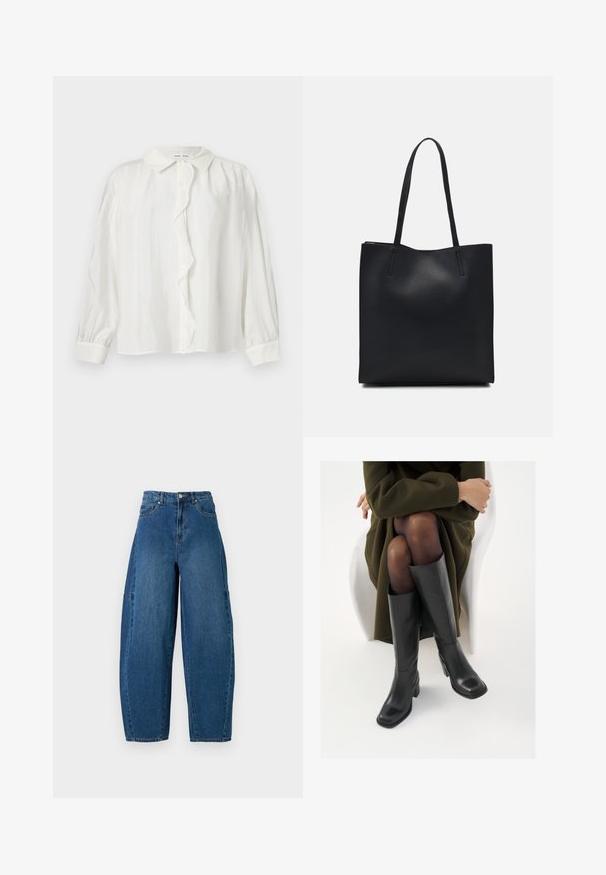 Chemise blanche à boutons, avec un plastron froncé, des manches longues et un col classique. Tissu texturé avec de subtiles lignes verticales.; Jean en denim de teinte bleu moyen, présentant une taille haute, une coupe large et un design standard à cinq poches avec des détails de coutures visibles.; Bottes en cuir noires arrivant au genou, avec un bout carré et un talon carré, présentées sur un modèle assis dans un manteau vert olive. Texture lisse, détails minimaux.; Sac fourre-tout en cuir noir avec une texture lisse, de forme rectangulaire et deux longues poignées. Pas de matériel ou d'ornementations visibles.
