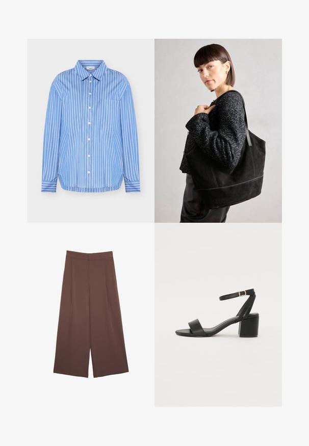 Ljusblå skjorta med vertikala vita ränder, spetsig krage, långa ärmar och en ficka på vänster bröst.; Bruna vida byxor med en slät textur, som har hög midja och framfickor. Tyget är lätt och flödar löst.; Svart klacksandals med en slät läderöverdel, öppen tå, breda framremmar och justerbart ankelband med en guldfärgad spänne.; Svart mocka tote-väska med en slät textur, strukturerad form och kontrasterande sömmar. Har långa bärremmar för axelbärande.