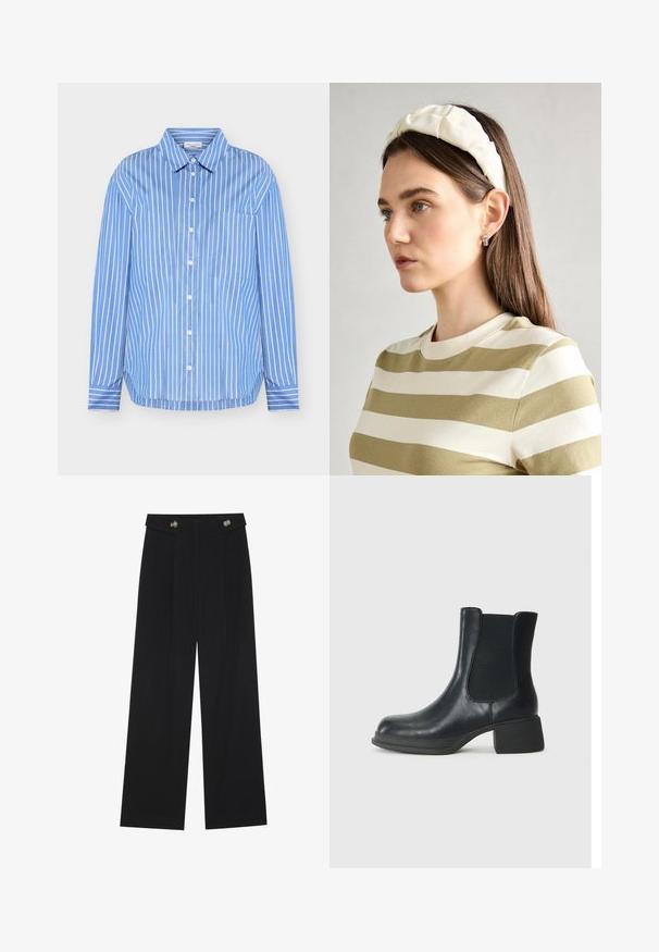 Lys blå skjorte med knapper, vertikale hvite striper, spiss krage, lange ermer og en lomme på venstre bryst.; Svart vide bukser med høy midje, knappdetaljer på midjebåndet og frontplisser.; Sorte skinn ankle boots med elastiske sidepaneler, rund tå og en lav blokk hæl. Overflaten har en jevn tekstur og minimal detaljering.; Kremfarget polstret hodebånd med tvunnet design, kombinert med en beige og hvit stripete skjorte med rund halsutskjæring. Subtile smykker som aksenter.