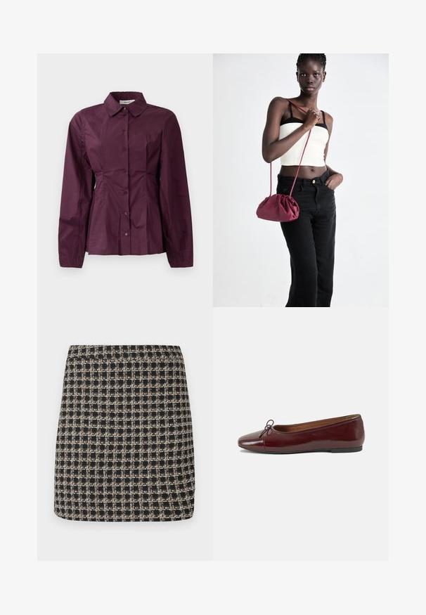 Vīna sarkanas pogcaurules krekls ar garām piedurknēm, klasiskām apkaklēm un krokotu detaļu jostasvietā. Gluda auduma virsma ar vieglu spīdumu.; Melna un bež dažādības mini svārki ar teksturētu audumu un gludu jostasvietu, ar strukturētu piegriezumu un vienkāršu dizainu.; Burgundijas laku ādas baleta kurpes ar noapaļotu purngalu, nelielu loku akcentu priekšā un zemu melnu gumijas zoli. Gluda tekstūra.; Burgundijas mīkstas auduma soma ar sakoptu dizainu un garu siksnu, nēsāta uz krūšu. Modelis valkā baltu piegriezuma topu un melnas džinsus.