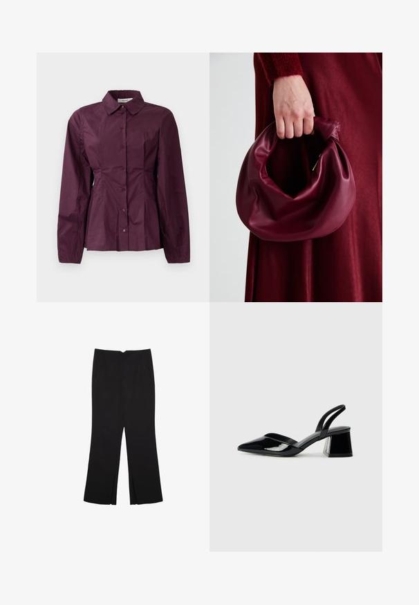 Burgundy button-up shirt with long sleeves, a classic collar, and pleated detailing at the waist. Smooth fabric with subtle sheen.; Black trousers with a straight fit, featuring front pockets and side slits at the hem. Made of soft, smooth fabric. Suitable for various occasions.; Black patent leather slingback heels with a pointed toe and a geometric block heel. Features a sleek, minimal design and smooth texture.; Burgundy leather handbag with a soft, gathered design and a rounded shape. The handle is secured, showcasing a smooth texture.
