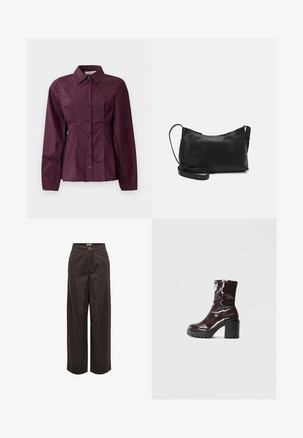 Burgundyfärbige Button-up-Hemd mit langen Ärmeln, klassischem Kragen und gefälteltem Detail an der Taille. Glatter Stoff mit dezentem Glanz.; Schlupfhosen in Dunkelbraun, aus Baumwolle, mit einem klassischen Bund, Reißverschluss, fünf Taschen und minimalistischen Nahtdetails.; Glatte bordeauxrote Ankle Boots mit einem klobigen schwarzen Absatz, die eine glatte Oberfläche und ein einfaches Design aufweisen. Keine sichtbaren Verschlüsse oder Muster.; Schwarze Ledertasche für die Schulter mit glatter Textur, geschwungener Form, verstellbarem Tragegurt und Reißverschluss. Minimalistisches Design ohne Verzierungen.