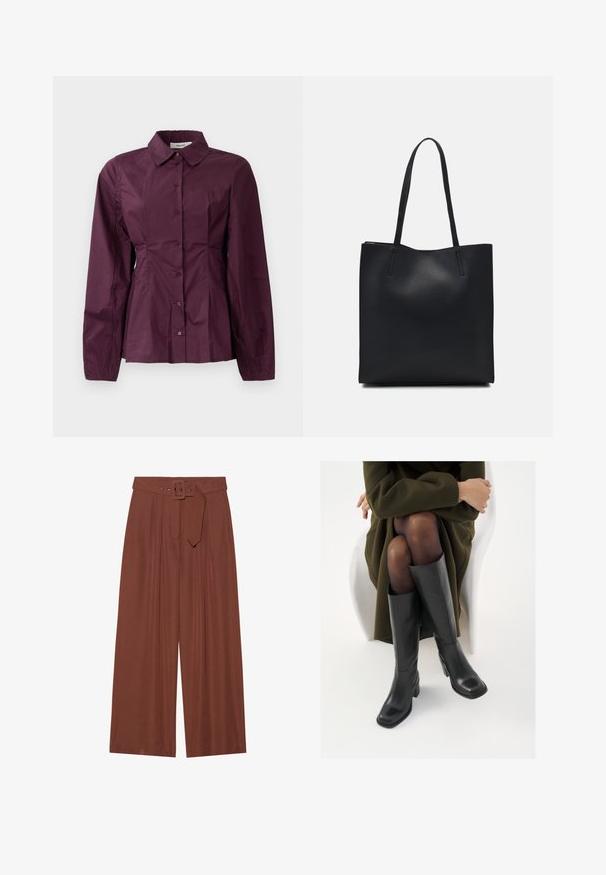 Burgundy button-up shirt with long sleeves, a classic collar, and pleated detailing at the waist. Smooth fabric with subtle sheen.; Wide-leg trousers in brown fabric, featuring a belt with a square buckle, pleated design, and smooth texture.; Knee-high black leather boots with a squared toe and block heel, shown with a model seated in an olive green coat. Smooth texture, minimal detailing.; Black leather tote bag with smooth texture, rectangular shape, and two long handles. No visible hardware or embellishments.