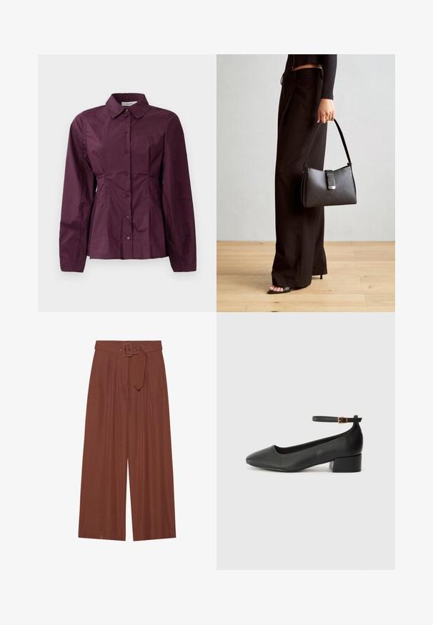 Burgunderfarget skjorte med lange ermer, klassisk krage og plissert detaljering i midjen. Glatt stoff med subtil glans.; Bredde bukser i brunt stoff, med belte med firkantet spenne, plisserte design og myk tekstur.; Sorte skinnpumper med spiss tå og lav blokkhelt. Har ankelrem med gullfarget spenne. Glatt tekstur.; Svart håndveske med strukturert form, jevn tekstur og metallisk lås. Kombinert med brede svarte bukser og sandaler med åpen tå på tregulv.
