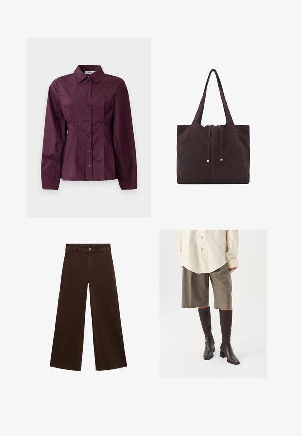 Cămașă burgundă cu nasturi, cu mâneci lungi, guler clasic și detalii plisate la talie. Material neted cu o strălucire subtilă.; Pantaloni largi maro dintr-un amestec de bumbac, cu un tiv desfăcut, închidere cu buton frontal și un design clasic cu cinci buzunare. Minimalist și versatil.; Botine maro până la genunchi cu vârf pătrat și toc bloc, asociate cu o cămașă oversized bej și culottes în carouri maronii.; Mango Geantă de pânză - dark brown