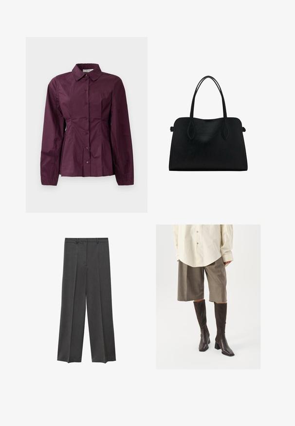 Camicia bordeaux con bottoni, maniche lunghe, collo classico e dettagli plissettati in vita. Tessuto morbido con un leggero lucido.; Pantaloni a gamba larga grigi con una superficie liscia, fronte plissettato e passanti per cintura. Realizzati in un tessuto leggero e tessuto.; Stivali marroni fino al ginocchio con punta quadrata e tacco a blocco, abbinati a una camicia oversize beige e a pantaloni culottes a quadri marroni.; Borsa a mano in pelle nera con doppio manico, forma rettangolare e design minimalista su sfondo bianco.