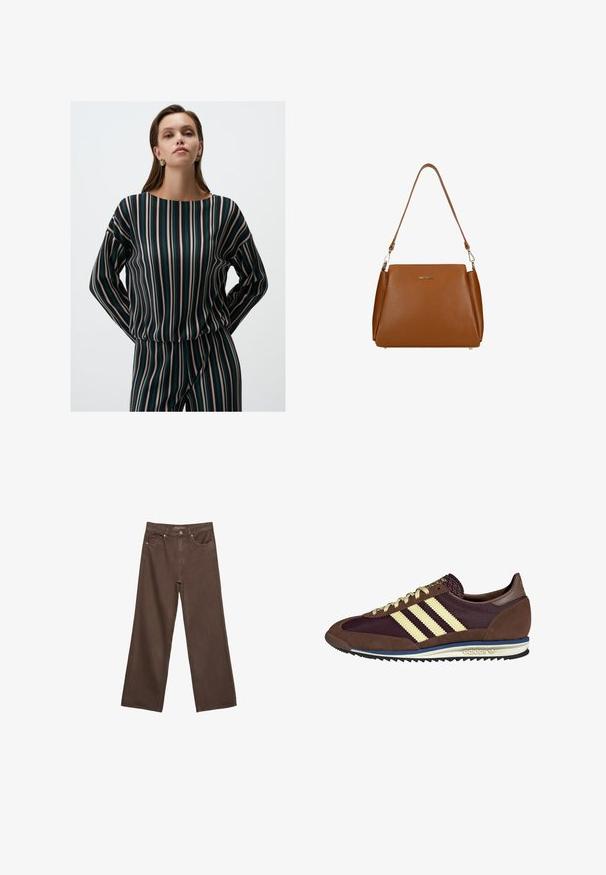 Blusa a righe in verde scuro, beige e turchese. Presenta maniche lunghe e un ampia scollatura. Tessuto liscio e leggero con righe verticali.; Jeans a gamba larga marroni in denim, con vita alta, tasche anteriori e chiusura a bottone classica. Tessuto liscio con cuciture sottili.; Sneaker marrone e bordeaux realizzato in materiali scamosciati e in rete, caratterizzato da tre strisce color crema, tessuto testurizzato sulla linguetta e suola in gomma.; Borsa a tracolla in pelle marrone con superficie texturizzata, una singola tracolla e un logo sottile sul davanti. Presenta un design strutturato.