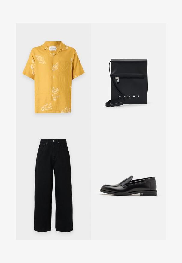 Rövid ujjú ing mustár sárga anyagból, fehér ételmotívumokkal és egy mellzsebbel. Gombos kivitel, laza szabással.; Fekete, bőszárú pamutnadrág, magas derékkal, elülső zsebekkel, ezüst színű gombbal és letisztult szegéllyel.; Fekete bőr loaferek sima textúrával, kerek orral és dekoratív pánttal a vampnál. Alacsony, rétegelt sarkú, minimalista dizájn.; Fekete bőr keresztpántos táska cipzáras elülső zsebbel, dombornyomott logóval és állítható pánttal. Simább textúra, amelynek strukturált alakja van.
