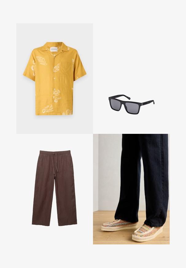 Kurzarmhemd aus senfgelbem Stoff mit weißen lebensmittelspezifischen Grafiken und einer Brusttasche. Knopfleiste im lässigen Schnitt.; Braune Leinen-Hose mit weitem Bein und einem Kordelzugbund, ausgestattet mit zwei seitlichen Taschen und einem leichten, strukturierten Stoff.; Mehrfarbige gewebte Slipper mit einer sahnefarbenen Sohle, akzentuiert durch ein strukturiertes Band und kontrastierende Nähte, kombiniert mit dunklen Hosen.; Schwarze rechteckige Sonnenbrille mit dunklen Gläsern, matter Oberfläche und Logodetail am Bügel. Das Design hat gerade Kanten und dicke Rahmen.