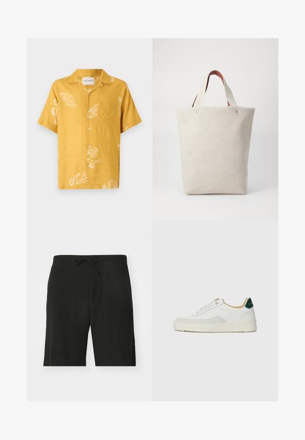 Camisa de manga corta de tela color mostaza con gráficos de temática alimentaria en blanco y un bolsillo en el pecho. Diseño de botones y un corte casual.; Pantalones cortos de lino negro con cintura con cordón, que cuentan con un corte relajado y un diseño hasta la rodilla. Textura suave, estilo simple y clásico.; Zapatilla blanca con acentos de ante, puntera redondeada, cordones planos y suela de goma color crema. Presenta un logo verde en el talón.; Bolsa de mano en tejido beige claro con un acabado texturizado, que cuenta con dos asas de cuero marrón contrastantes y acentos metálicos en la parte superior.