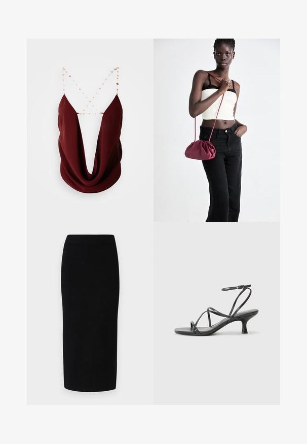 Burgundy ärmlös topp med djup V-ringning och draperad front. Har delikata kedjestraps med dekorativa pärlor. Slät tygtextur.; Svart stickad midikjol med en figurnära silhuett, som har ett brett elastiskt midjeband och en slät yta, utan märkbara mönster eller detaljer.; Svarta klacksandaler med tunna remmar, öppen tådesign och en liten, utställd klack. Materialet ser slätt och glansigt ut.; Burgundy mjukt tyg handväska med en samlad design och en lång rem, bärs över kroppen. Modellen bär en vit crop top och svarta jeans.