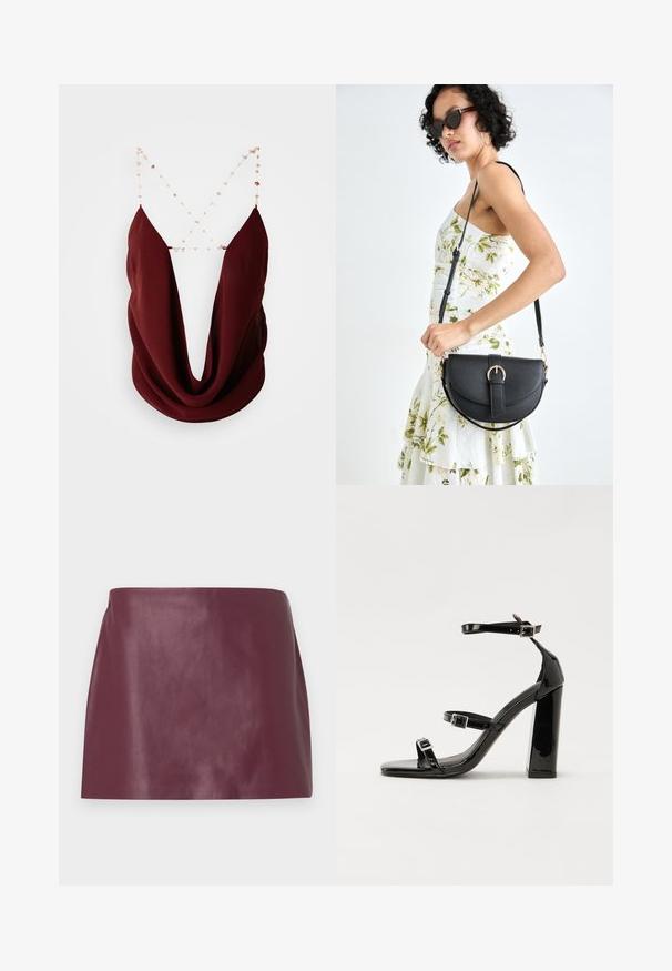 Burgunderfarget ermeløs topp med dyp V-hals og drapert front. Har delikate kjede-remmer med dekorative perler. Glatt tekstur i stoffet.; Miniskjørt i glatt burgunder skinn med rett snitt og ingen synlige detaljer eller lukking.; Svart høyglans sandaler med hæl, firkantet tå, ankelremmer og sølvspenner. Har en kraftig blokkhæl for stabilitet.; Svart lærveske med en buet form, avtagbar stropp og gullbeslag. Vesken har et klaff med spenne-detall.