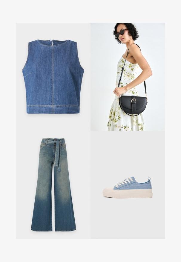 Zila džinsa bez piedurknēm augšdaļa ar apaļu kakla izgriezumu, taisnu griezumu un redzamām šuvēm gar vīlēm un apakšmalu.; Platām kājām džinsu bikses ar gaismas līdz tumši zilam gradientam, augstu jostas līniju, jostas cilpām un atbilstošu auduma jostu. Tekstūrēts džinsas apdare.; Gaiši zili kanvas sneakeri ar krēmkrāsas gumijas pirksta aizsargu un ārējo zoli, aprīkoti ar baltām šņorēm un cilpu uz papēža.; Melnas ādas rokassoma ar izliekta formu, noņemamu siksnu un zelta aksesuāriem. Somai ir vāciņš ar sprādzes detaļu.