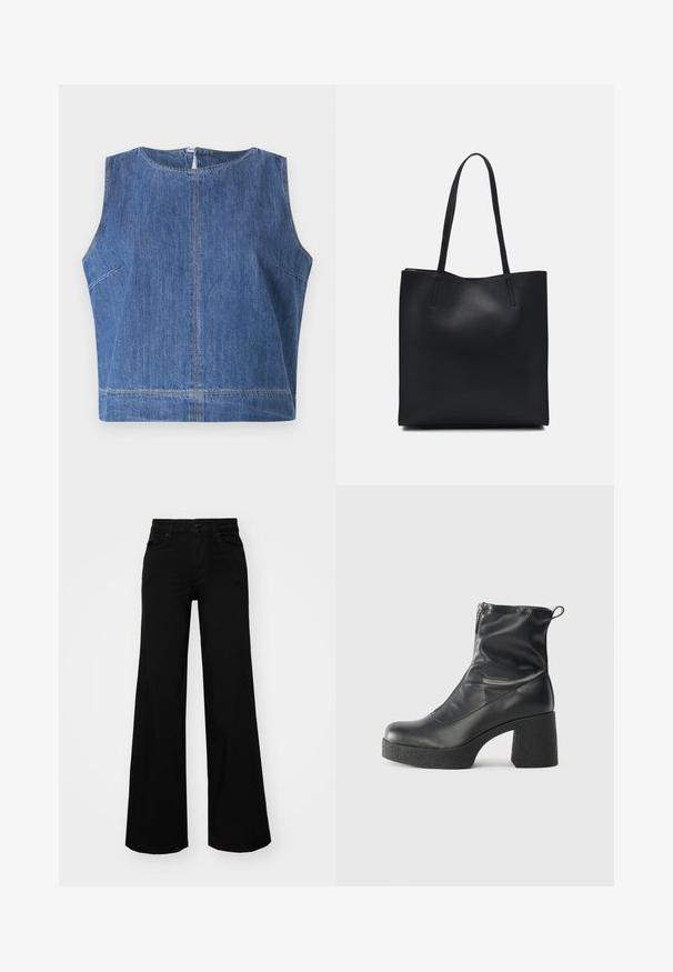 Top din denim albastru, fără mâneci, cu decolteu rotund, croială dreaptă și detalii de coasere vizibile pe cusături și tiv.; Pantaloni negri cu picioare largi, din denim, cu un brau structurat, bucle pentru curea și buzunare frontale. Textură netedă, cu un design clasic.; Bocanci negri de glezna din piele netedă, cu fermoar lateral, toc texturat și masiv, și design cu vârf rotund.; Geantă tote neagră din piele, cu textură netedă, formă rectangulară și două mânere lungi. Fără hardware vizibil sau ornamente.