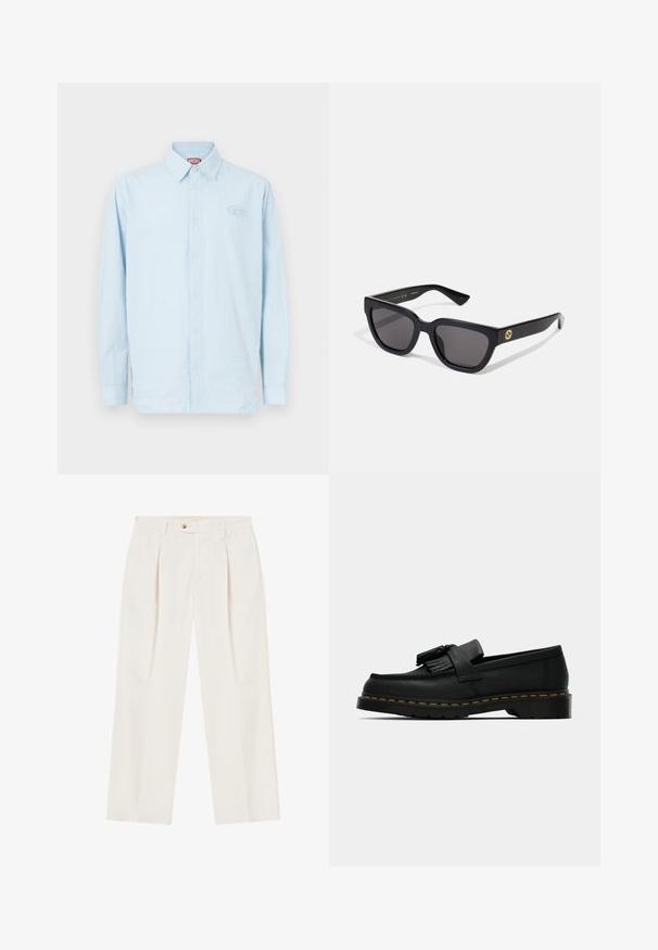 Vaaleansininen pitkähihainen paita, jossa on pystysuorat valkoiset raidat, napillinen kaulus ja pieni brodeerattu logo rinnassa, valmistettu kudotusta kankaasta.; Valkoiset, leveät housut, joissa on pleateja edessä, yksi napin sulku ja sivutaskut. Sileä tekstuuri ja muotoiltu malli.; Musta nahkakalvosin tupsuilla, keltainen tikkaus pohjan ympärillä ja paksu, uritettu kumipohja.; Musta suorakulmionmuotoinen aurinkolasit, joissa on kiiltävä viimeistely, tummat linssit ja kultainen yksityiskohta templellä, jossa on logo.