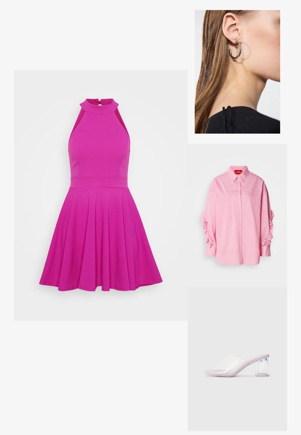 Camisa riscada rosa claro com bolso, frente de botões e mangas com babados. Apresenta riscas verticais e horizontais em larguras variadas.; Vestido rosa ajustado com decote alto, design sem mangas e saia rodada. Feito de um material suave sem padrões visíveis ou elementos metálicos.; Mules lilás de salto com uma parte superior de plástico transparente e um salto bloco transparente. Textura suave, design de bico aberto, forma minimalista.; Brinco de argola prateada com acabamento polido, apresentando pequenos detalhes em dourado e uma forma redonda, usado na orelha.