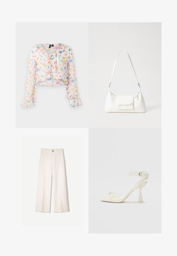 Top corto floreale in tessuto leggero. Presenta un collo e maniche arricciati. I colori predominanti sono bianco, rosa, giallo e blu.; Pantaloni larghi color crema con design sartoriale, dotati di due tasche frontali e una chiusura con bottone anteriore, realizzati in tessuto liscio.; Sandalo con tacco alto e fasce in pelle bianca, dal design elegante, con un tacco a blocco trasparente e un elemento decorativo sulla punta.; Borsa sintetica bianca a forma triangolare, con patta anteriore piatta e dettaglio a fiocco, tracolla regolabile, texture liscia e design minimalista.