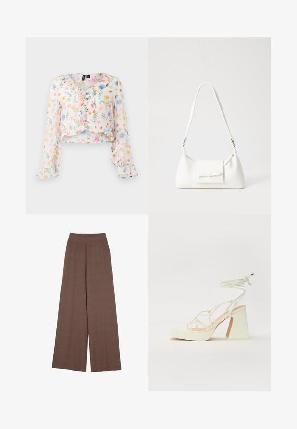 Virágmintás, könnyű anyagból készült crop top. Ráncolt nyakkivágással és ujjakkal rendelkezik. A domináló színek közé tartozik a fehér, rózsaszín, sárga és kék.; Széles szárú nadrág, texturált, bordázott anyagból, meleg barna színben. Zökkenőmentes derékrésszel és folyékony sziluettel rendelkezik.; Fehér, magassarkú szandál vastag sarokkal, pántos dizájnnal és bokapánttal. Sima textúra, elülső platformmal a megnövelt magasság érdekében.; Fehér szintetikus kézitáska, háromszög alakú, lapos előlap, masni részlettel, állítható pánttal, sima textúrával és minimalista dizájnnal.