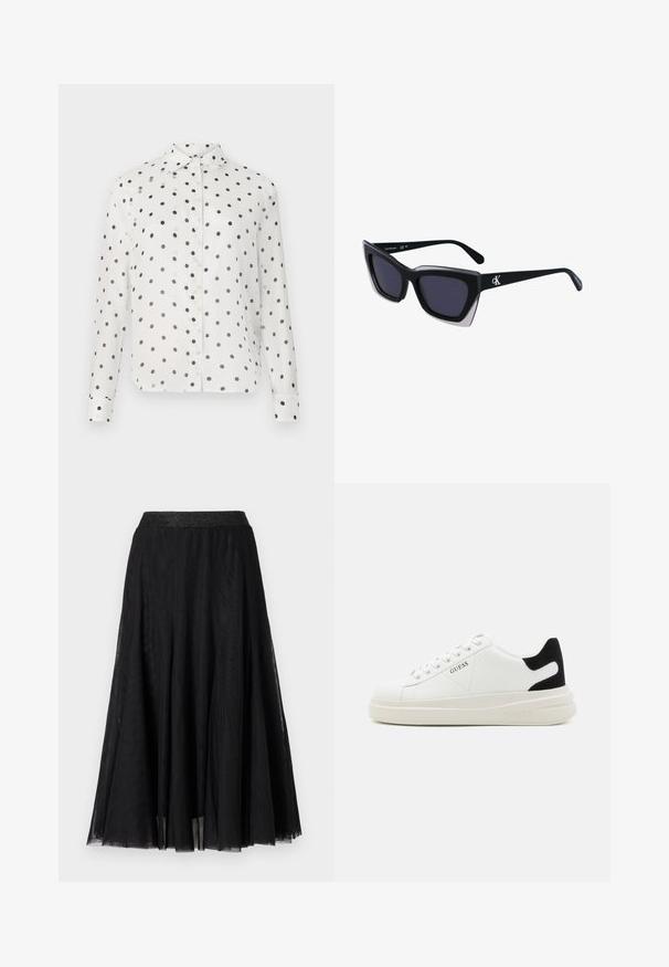 White button-up shirt with navy polka dots, featuring a classic collar and long sleeves. Made of smooth fabric, with button closures down the front.; Black maxi skirt with a textured, flowing design. Features a wide, shimmering waistband and a layered, sheer fabric for a graceful look.; White leather sneakers with a thick white sole, black suede heel accent, and embossed logo on the side. Laced design with six eyelets.; Black oversized sunglasses with a geometric shape, featuring dark lenses and a contrasting grey detail on the frame. Logo on the arm.