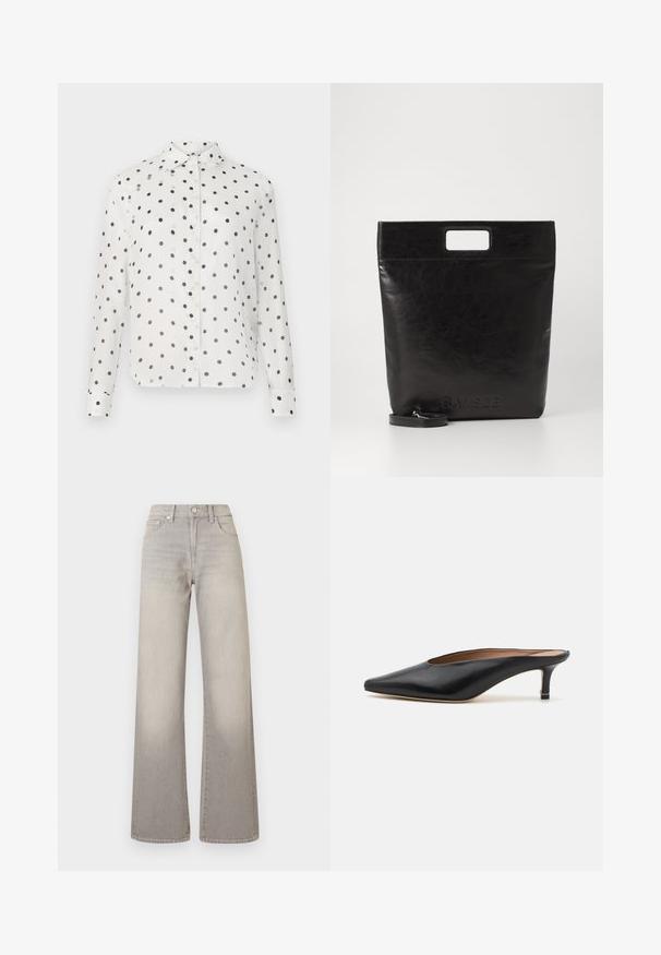 White button-up shirt with navy polka dots, featuring a classic collar and long sleeves. Made of smooth fabric, with button closures down the front.; Gray wide-leg jeans with a faded finish, button closure, five-pocket design, and stitched detailing along the seams.; Black leather mules with a pointed toe and low, block heel. Smooth texture with a sleek design. Open back with minimal detailing.; Black leather tote bag with a square handle, featuring a textured finish and embossed logo. Includes a detachable strap.
