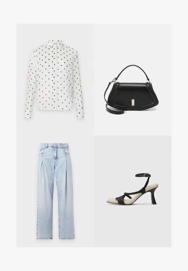 Witte button-up shirt met marineblauwe polka dots, voorzien van een klassieke kraag en lange mouwen. Gemaakt van een gladde stof, met knoopsluitingen aan de voorkant.; Lichtblauwe denim jeans met een hoge taille, wijde pijpen, twee zijzakken en geplooid ontwerp. Zachte textuur met een vervaagd uiterlijk.; Zwarte hoge hak sandaal met een gevlochten bandontwerp, vierkante teen en verstelbare enkelband. Lichtbeige voetbed met een glanzende zwarte hak.; Zwarte leren handtas met een gestructureerd ontwerp, featuring een verkorte vorm, bovenhandvat en gouden hardwareaccent. Inclusief verstelbare schouderband.
