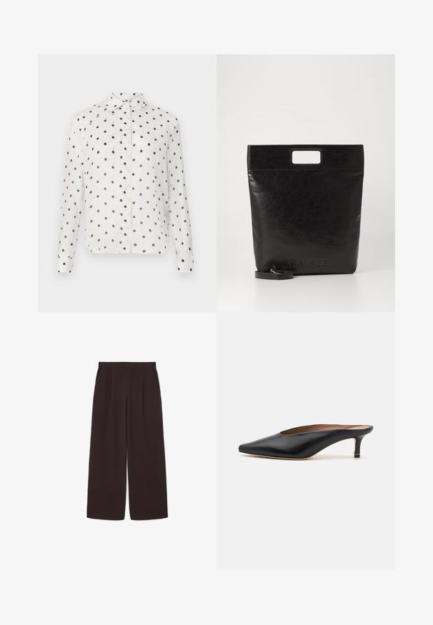 Witte button-up shirt met marineblauwe polka dots, voorzien van een klassieke kraag en lange mouwen. Gemaakt van een gladde stof, met knoopsluitingen aan de voorkant.; Donkerbruin brede broek van lichtgewicht stof, met een hoge taille, plooien en twee zijzakken, voorzien van een elastische tailleband.; Zwarte leren muiltjes met een puntige neus en een lage, blokhak. Glad oppervlak met een gestroomlijnd ontwerp. Open achterkant met minimale details.; Zwarte leren draagtas met een vierkant handvat, met een gestructureerde afwerking en een reliëflogo. Inclusief een afneembare schouderband.