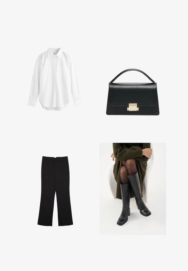 Bela srajca z dolgimi rokavi iz bombaža, z ovratnikom na gumbe, sprednjim žepom in ukrivljenim robom. Gladka tekstura in klasična zasnova.; Črne hlače ravnega kroja z naglavnimi žepi in stranskimi razporki na robu. Narejene iz mehke, gladke tkanine. Primerne za različne priložnosti.; Črne usnjene čevlje do kolen s kvadratnim prstom in blok peto, prikazani na modelu, ki sedi v olivno zeleni plašču. Gladka tekstura, minimalne podrobnosti.; Črna usnjena torbica z strukturiranim dizajnom, zgornjim ročajem in zlate kovinske sponke na sprednji strani. Gladka tekstura, minimalno šivanje.