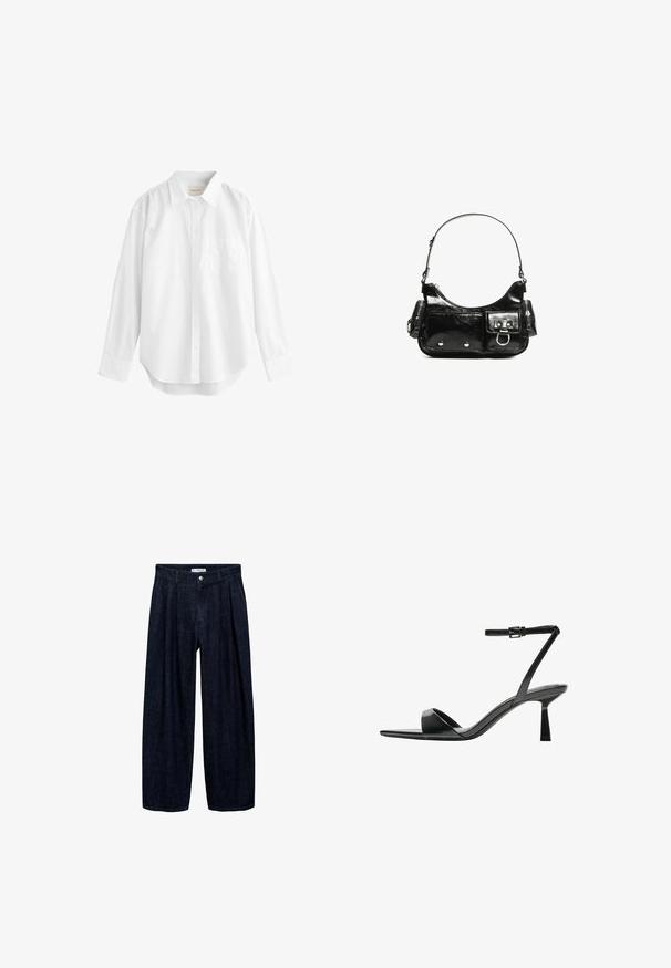 White long-sleeve shirt made of cotton, featuring a button-down collar, front pocket, and curved hemline. Smooth texture and classic design.; Dark denim wide-leg trousers with pleats at the waist, featuring a front button and belt loops. Smooth texture and full-length design.; Bershka High heeled sandals - black; Black patent leather handbag with a curved shape, one shoulder strap, front pockets, and silver-tone hardware accents.