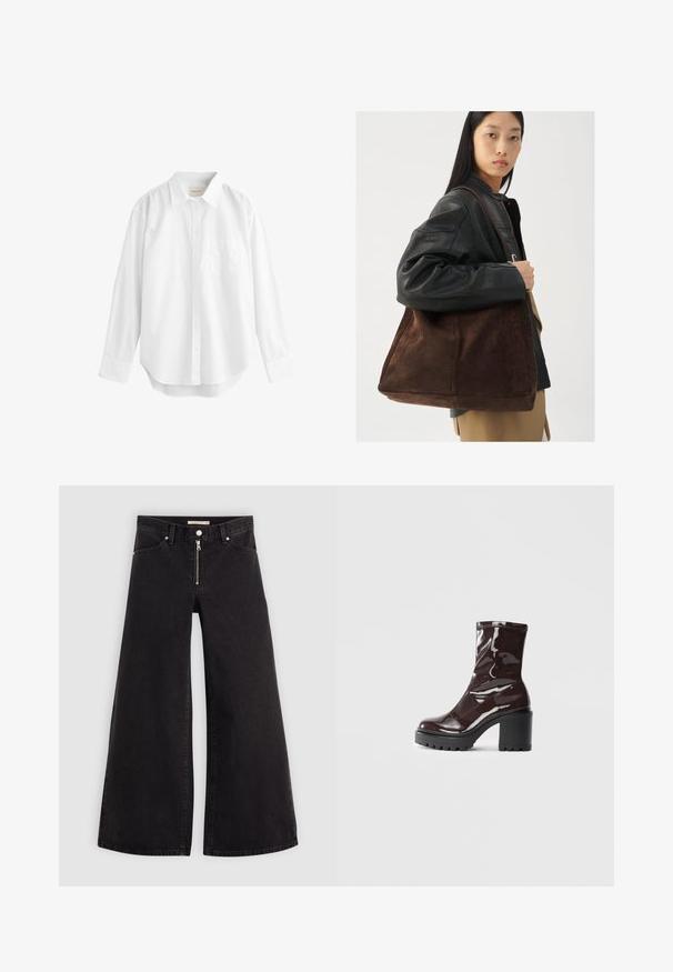 Bijela košulja dugih rukava od pamuka, s okruglim ovratnikom, prednjim džepom i zaobljenim rubom. Glatka tekstura i klasičan dizajn.; Široke traperice od crnog denima s prednjim zatvaračem, dizajnom s pet džepova i suptilnim detaljima šivanja. Glatka tekstura i ležeran stil.; Sjajna burgundska čizma do gležnja s debelim crnim potplatom, koja se odlikuje glatkom teksturom i jednostavnim dizajnom. Nema vidljivih kopčanja ili uzoraka.; Smeđa suđena torba s širokim oblikom i mekanom teksturom, s jednim trakama i minimalnom opremom na neutralnoj pozadini.