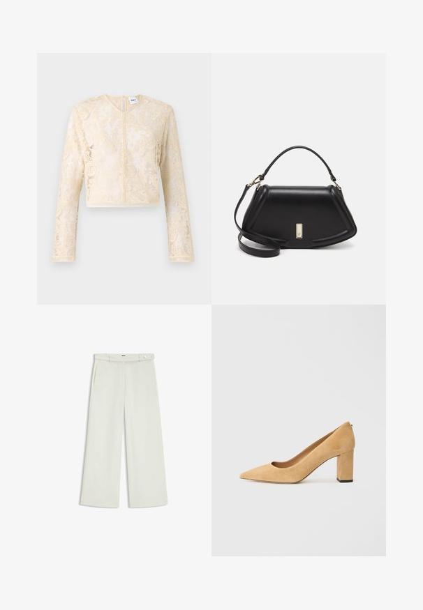 Beige blonde langærmet cropped top med blomster mønstre og en subtil glans, med en knaplukning bagpå og ribbet kant.; Bredde bukser i lys cremefarvet stof, med sidelommer, flad front og en enkelt knaplukning i taljen. Glat tekstur.; Beige ruskind højhælede pumper med spidse tæer og en kraftig blokhæl. Materialet har en blød tekstur med en glat overflade.; Sort læderhåndtaske med en struktureret design, der har en kortet form, tophåndtag og guld hardware-accenter. Justerbar skulderrem inkluderet.