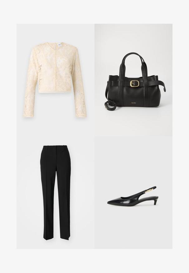 Beige blonde langærmet cropped top med blomster mønstre og en subtil glans, med en knaplukning bagpå og ribbet kant.; Sorte skræddersyede bukser med lige ben-design, der har en glat tekstur og skarpe folder langs fronten. Ingen synlige hardware.; Sorte læder slingback hæle med spids tå, der har en slank hæl og en guldfarvet detalje på den justerbare rem. Glat tekstur.; Sort læderhåndtaske med et struktureret design, dobbelte toppegreb, guldtonet spændeaccents og præget logo på forsiden.