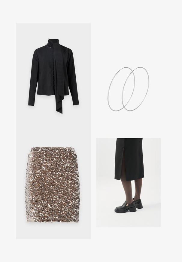 Schwarzes Langarmhemd mit einem umklappbaren Kragen und einem lockeren Schaldetail. Verfügt über vertikale Nadelstreifen und eine Vorderknopfleiste.; Brauner, glitzernder Minirock mit taillierter Passform, bedeckt mit reflektierenden silbernen Pailletten, die einen strukturierten, schimmernden Effekt erzeugen.; Schwarze Lederschuhe mit abgerundetem Zeh, dicker Blockabsatz und elastischen seitlichen Akzenten, kombiniert mit dunklen Strumpfhosen und einem schwarzen Rock mit Schlitz.; Silberne Creolen mit minimalistischem Design. Rundform, glatte Oberfläche und dünnes Profil. Leichtgewichtig mit hochglänzender Oberfläche.