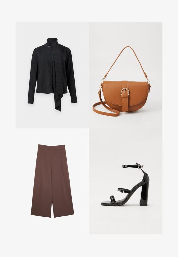 Camicia nera a maniche lunghe con colletto a risvolto e dettaglio di sciarpa morbida. Presenta righe verticali e chiusura con bottoni sul davanti.; Pantaloni ampi marroni con una texture liscia, caratterizzati da una vita alta e pieghe frontali. Il tessuto è leggero e scorre liberamente.; Sandali con tacco alto in vernice nera con due cinturini con fibbia, punta quadrata e tacco spesso a blocco, caratterizzati da una texture liscia e lucida.; Borsa a tracolla in pelle marrone con forma curvata, hardware dorato e un dettaglio con fibbia. Presenta una tracolla rimovibile.