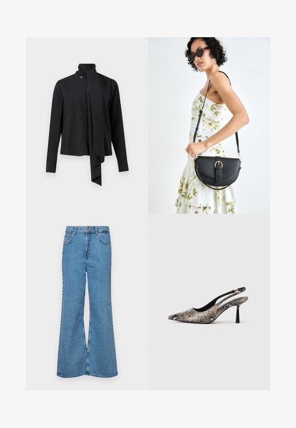 Cămașă neagră cu mâneci lungi, cu guler rabatabil și un detaliu de eșarfă lejeră. Prezintă dungi verticale și închidere frontală cu butoane.; Jeanși evazați de culoare albastru deschis, din denim, cu talie înaltă, cinci buzunare și închidere cu un singur buton. Textură moale cu un finisaj decolorat.; Pantofi slingback cu vârf ascuțit, din material texturat cu imprimeu de șarpe, având un toc subțire negru și un design decupat pe laterale.; Geantă din piele neagră, cu o formă curbată, curea detașabilă și accesorii aurii. Geanta are un capac cu un detaliu tip cataramă.
