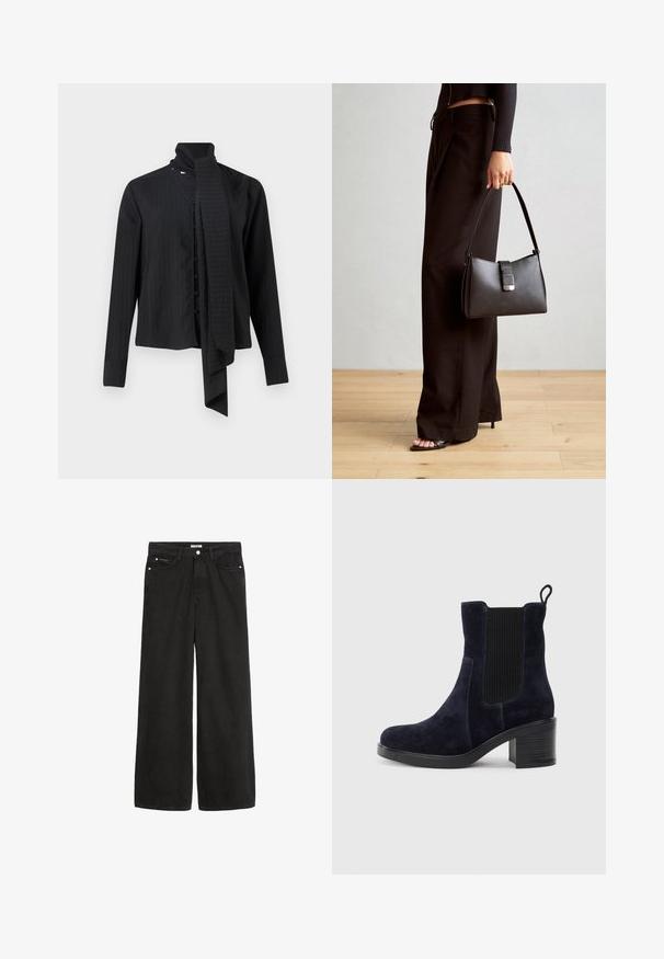 Black long-sleeve shirt with a fold-over collar and a loose scarf detail. Features vertical pinstripes and front button closure.; Wide-leg black denim jeans with a high waist. Features five pockets, metal hardware, and a clean finish. The texture is smooth and soft.; Navy blue suede ankle boot with elastic side panel, rounded toe, and block heel. Textured fabric and smooth sole add contrast.; Black handbag with structured shape, smooth texture, and a metallic clasp. Paired with wide black pants and open-toe sandals on wooden floor.