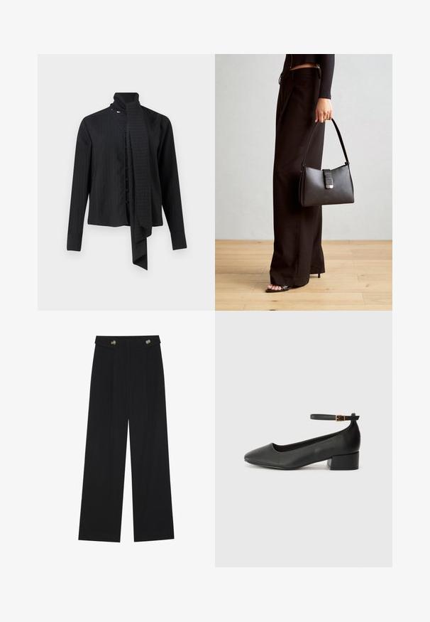 Schwarzes Langarmhemd mit einem umklappbaren Kragen und einem lockeren Schaldetail. Verfügt über vertikale Nadelstreifen und eine Vorderknopfleiste.; Schwarze weite Hosen mit hoher Taille, Knopfdetails am Bund und vorderen Falten.; Schwarze Lederpumps mit spitzem Zehenbereich und niedrigem Blockabsatz. Mit einem Knöchelriemen und einer goldfarbenen Schnalle. Glatte Textur.; Schwarze Handtasche mit strukturierter Form, glatter Textur und einem metallischen Verschluss. Kombiniert mit weiten schwarzen Hosen und offenen Sandalen auf einem Holzboden.